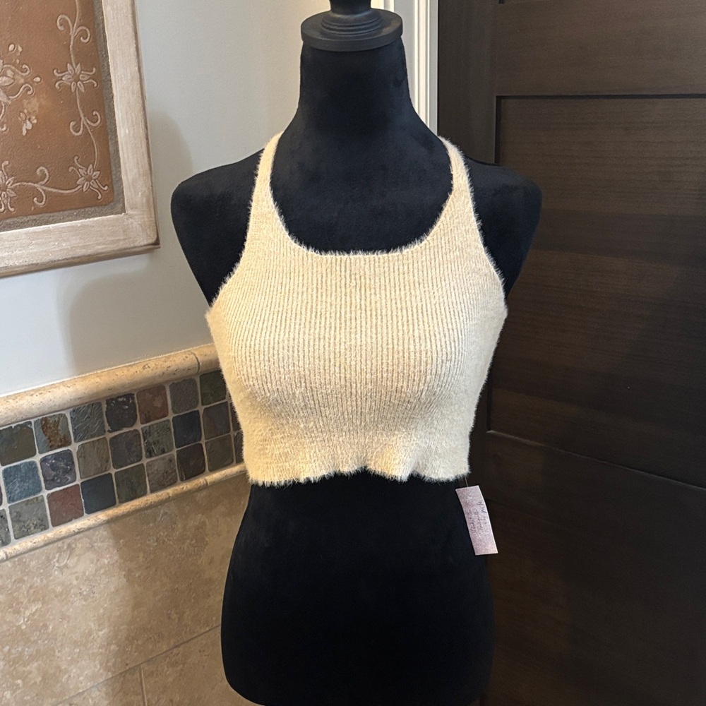 Cropped Fluffy Knit Tank in Soft Cream